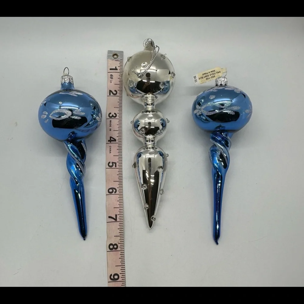 Vintage Crate&Barrel Glass Christmas Finial Ornaments Set of 3 Blue/Silver